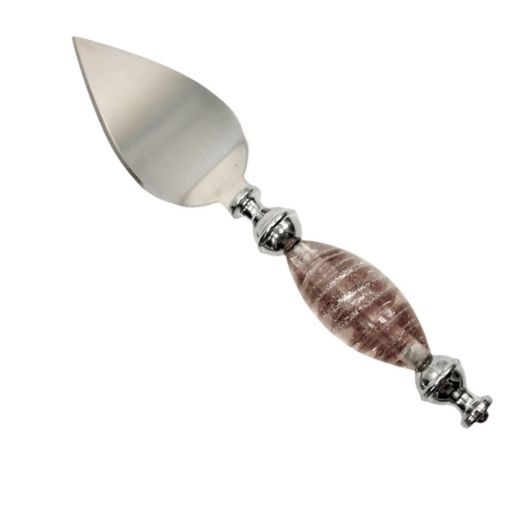 Cheese Server Knife - Stainless Steel Blade Pink Swirl Glass Handle w/ Box